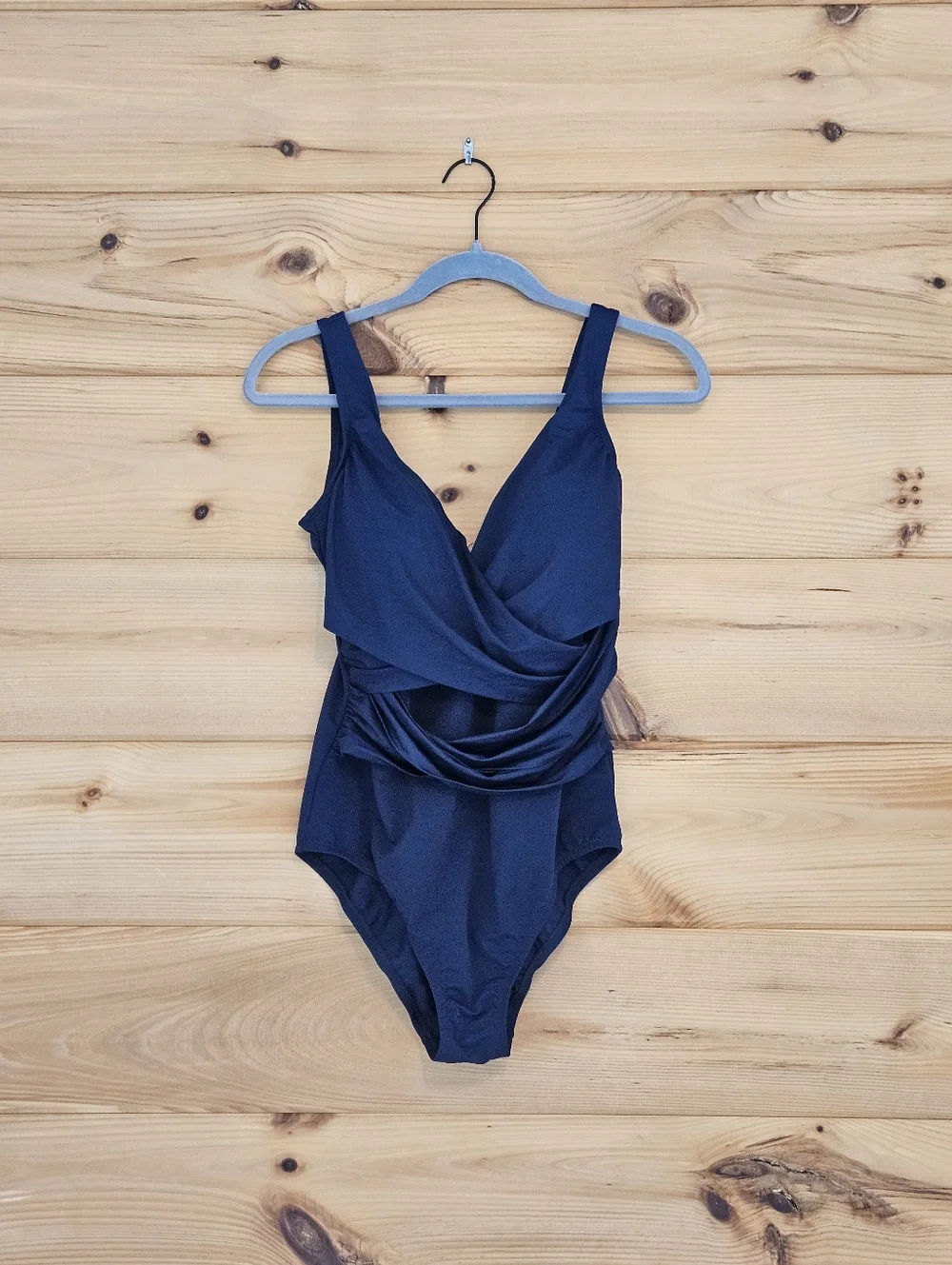 Lands’ End Slender Suit One Piece Swimsuit Womens 12 Blue Ruched Tummy Control